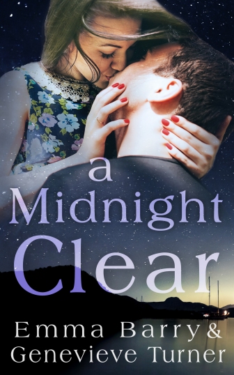man and woman kissing in night sky over a harbor scene. book title (a midnight clear) and author names (emma barry and genevieve turner)