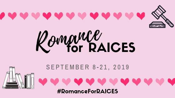 pink image with hearts and books that reads, "Romance for RAICES, September 8 - 21, 2019"